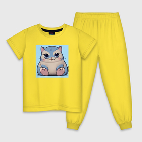 Детская пижама хлопок с принтом Мультяшный котик в Кировске, 100% хлопок |  брюки и футболка прямого кроя, без карманов, на брюках мягкая резинка на поясе и по низу штанин
 | 