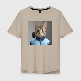 Мужская футболка хлопок Oversize с принтом Деловой стильный котик в Курске, 100% хлопок | свободный крой, круглый ворот, “спинка” длиннее передней части | 