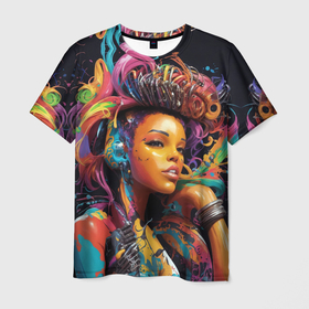 Мужская футболка 3D с принтом Красивая киберпанк девушка и яркие краски в стиле арт в Курске, 100% полиэфир | прямой крой, круглый вырез горловины, длина до линии бедер | 