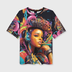 Женская футболка oversize 3D с принтом Красивая киберпанк девушка и яркие краски в стиле арт в Курске,  |  | 