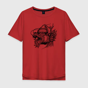 Мужская футболка хлопок Oversize с принтом Китайский дракон в новогоднем колпаке , 100% хлопок | свободный крой, круглый ворот, “спинка” длиннее передней части | 
