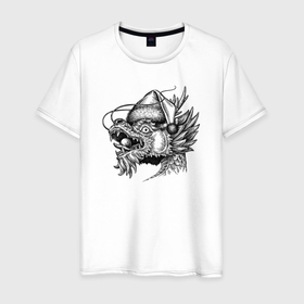 Мужская футболка хлопок с принтом Китайский дракон в новогоднем колпаке , 100% хлопок | прямой крой, круглый вырез горловины, длина до линии бедер, слегка спущенное плечо. | 
