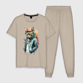 Мужская пижама хлопок с принтом Стильный кот в куртке и очках в Санкт-Петербурге, 100% хлопок | брюки и футболка прямого кроя, без карманов, на брюках мягкая резинка на поясе и по низу штанин
 | 