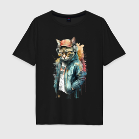 Мужская футболка хлопок Oversize с принтом Стильный кот в куртке и очках в Тюмени, 100% хлопок | свободный крой, круглый ворот, “спинка” длиннее передней части | 