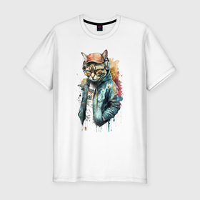 Мужская футболка хлопок Slim с принтом Стильный кот в куртке и очках в Санкт-Петербурге, 92% хлопок, 8% лайкра | приталенный силуэт, круглый вырез ворота, длина до линии бедра, короткий рукав | 