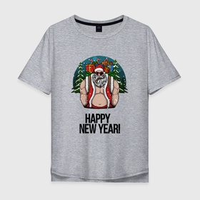 Мужская футболка хлопок Oversize с принтом Брутальный Санта в Курске, 100% хлопок | свободный крой, круглый ворот, “спинка” длиннее передней части | 
