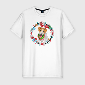 Мужская футболка хлопок Slim с принтом Dog new year в Курске, 92% хлопок, 8% лайкра | приталенный силуэт, круглый вырез ворота, длина до линии бедра, короткий рукав | Тематика изображения на принте: 