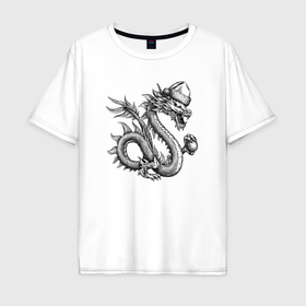 Мужская футболка хлопок Oversize с принтом Новогодний китайский дракон с шаром в Тюмени, 100% хлопок | свободный крой, круглый ворот, “спинка” длиннее передней части | 