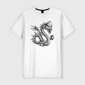 Мужская футболка хлопок Slim с принтом Новогодний китайский дракон с шаром в Курске, 92% хлопок, 8% лайкра | приталенный силуэт, круглый вырез ворота, длина до линии бедра, короткий рукав | 