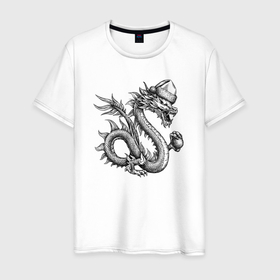 Мужская футболка хлопок с принтом Новогодний китайский дракон с шаром в Курске, 100% хлопок | прямой крой, круглый вырез горловины, длина до линии бедер, слегка спущенное плечо. | 