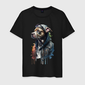 Мужская футболка хлопок с принтом Стильный пес в куртке в Петрозаводске, 100% хлопок | прямой крой, круглый вырез горловины, длина до линии бедер, слегка спущенное плечо. | 