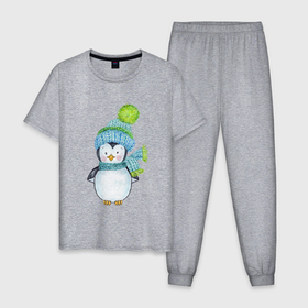 Мужская пижама хлопок с принтом Милый пингвин в шапочке в Петрозаводске, 100% хлопок | брюки и футболка прямого кроя, без карманов, на брюках мягкая резинка на поясе и по низу штанин
 | 