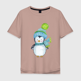 Мужская футболка хлопок Oversize с принтом Милый пингвин в шапочке в Петрозаводске, 100% хлопок | свободный крой, круглый ворот, “спинка” длиннее передней части | 