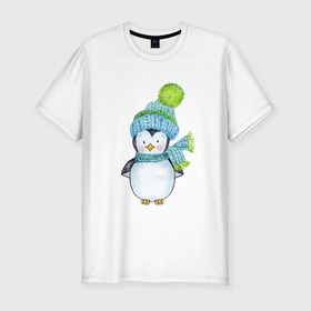 Мужская футболка хлопок Slim с принтом Милый пингвин в шапочке в Петрозаводске, 92% хлопок, 8% лайкра | приталенный силуэт, круглый вырез ворота, длина до линии бедра, короткий рукав | 