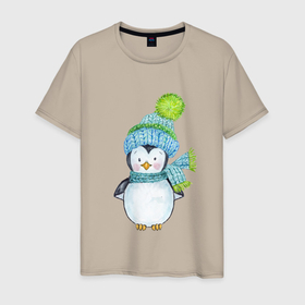 Мужская футболка хлопок с принтом Милый пингвин в шапочке в Кировске, 100% хлопок | прямой крой, круглый вырез горловины, длина до линии бедер, слегка спущенное плечо. | 