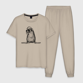 Мужская пижама хлопок с принтом Морский котик DJ , 100% хлопок | брюки и футболка прямого кроя, без карманов, на брюках мягкая резинка на поясе и по низу штанин
 | 
