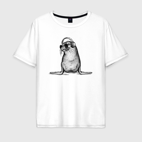 Мужская футболка хлопок Oversize с принтом Морский котик DJ , 100% хлопок | свободный крой, круглый ворот, “спинка” длиннее передней части | 
