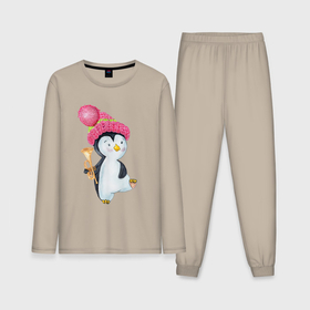 Мужская пижама с лонгсливом хлопок с принтом Пингвин с трубой в Кировске,  |  | 