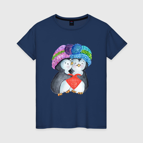 Женская футболка хлопок с принтом Влюбленные  пингвины в Петрозаводске, 100% хлопок | прямой крой, круглый вырез горловины, длина до линии бедер, слегка спущенное плечо | 