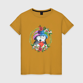 Женская футболка хлопок с принтом Новый год влюбленные пингвины в Петрозаводске, 100% хлопок | прямой крой, круглый вырез горловины, длина до линии бедер, слегка спущенное плечо | 