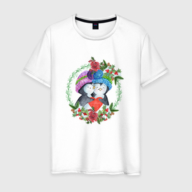 Мужская футболка хлопок с принтом Новый год влюбленные пингвины в Санкт-Петербурге, 100% хлопок | прямой крой, круглый вырез горловины, длина до линии бедер, слегка спущенное плечо. | 
