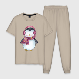 Мужская пижама хлопок с принтом Милый пингвин в наушниках в Санкт-Петербурге, 100% хлопок | брюки и футболка прямого кроя, без карманов, на брюках мягкая резинка на поясе и по низу штанин
 | Тематика изображения на принте: 
