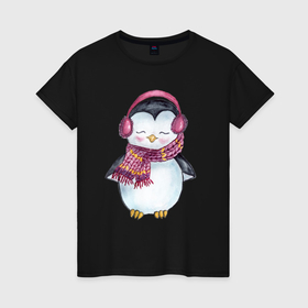 Женская футболка хлопок с принтом Милый пингвин в наушниках в Екатеринбурге, 100% хлопок | прямой крой, круглый вырез горловины, длина до линии бедер, слегка спущенное плечо | 