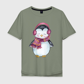Мужская футболка хлопок Oversize с принтом Милый пингвин в наушниках в Тюмени, 100% хлопок | свободный крой, круглый ворот, “спинка” длиннее передней части | 