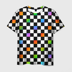 Мужская футболка 3D с принтом Черно бело радужная клетка в Белгороде, 100% полиэфир | прямой крой, круглый вырез горловины, длина до линии бедер | 