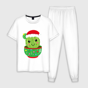 Мужская пижама хлопок с принтом Кактус в новогодней шапке в Курске, 100% хлопок | брюки и футболка прямого кроя, без карманов, на брюках мягкая резинка на поясе и по низу штанин
 | 