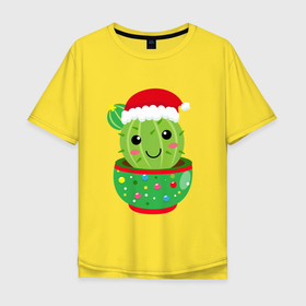 Мужская футболка хлопок Oversize с принтом Кактус в новогодней шапке в Курске, 100% хлопок | свободный крой, круглый ворот, “спинка” длиннее передней части | 