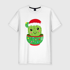 Мужская футболка хлопок Slim с принтом Кактус в новогодней шапке в Курске, 92% хлопок, 8% лайкра | приталенный силуэт, круглый вырез ворота, длина до линии бедра, короткий рукав | 