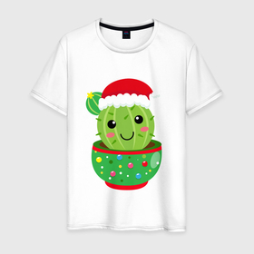 Мужская футболка хлопок с принтом Кактус в новогодней шапке в Курске, 100% хлопок | прямой крой, круглый вырез горловины, длина до линии бедер, слегка спущенное плечо. | 
