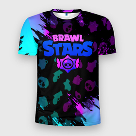 Мужская футболка 3D Slim с принтом Brawl stars neon logo в Санкт-Петербурге, 100% полиэстер с улучшенными характеристиками | приталенный силуэт, круглая горловина, широкие плечи, сужается к линии бедра | 