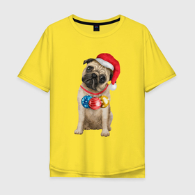 Мужская футболка хлопок Oversize с принтом Новогодний    мопс в Тюмени, 100% хлопок | свободный крой, круглый ворот, “спинка” длиннее передней части | Тематика изображения на принте: 