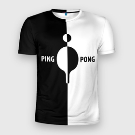 Мужская футболка 3D Slim с принтом Ping Pong черно белое в Петрозаводске, 100% полиэстер с улучшенными характеристиками | приталенный силуэт, круглая горловина, широкие плечи, сужается к линии бедра | Тематика изображения на принте: 
