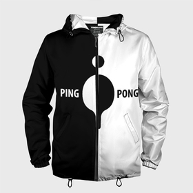 Мужская ветровка 3D с принтом Ping Pong черно белое в Петрозаводске, 100% полиэстер | подол и капюшон оформлены резинкой с фиксаторами, два кармана без застежек по бокам, один потайной карман на груди | Тематика изображения на принте: 
