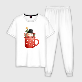 Мужская пижама хлопок с принтом Снеговик в кружке кофе в Тюмени, 100% хлопок | брюки и футболка прямого кроя, без карманов, на брюках мягкая резинка на поясе и по низу штанин
 | 
