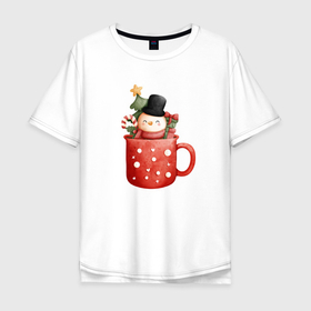 Мужская футболка хлопок Oversize с принтом Снеговик в кружке кофе в Белгороде, 100% хлопок | свободный крой, круглый ворот, “спинка” длиннее передней части | Тематика изображения на принте: 