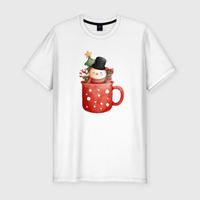 Мужская футболка хлопок Slim с принтом Снеговик в кружке кофе в Белгороде, 92% хлопок, 8% лайкра | приталенный силуэт, круглый вырез ворота, длина до линии бедра, короткий рукав | Тематика изображения на принте: 