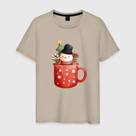 Мужская футболка хлопок с принтом Снеговик в кружке кофе в Белгороде, 100% хлопок | прямой крой, круглый вырез горловины, длина до линии бедер, слегка спущенное плечо. | 