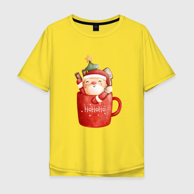 Мужская футболка хлопок Oversize с принтом Мини Санта в кружке в Екатеринбурге, 100% хлопок | свободный крой, круглый ворот, “спинка” длиннее передней части | 