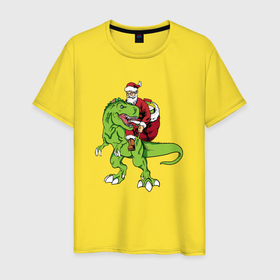 Мужская футболка хлопок с принтом Санта на   динозавре в Санкт-Петербурге, 100% хлопок | прямой крой, круглый вырез горловины, длина до линии бедер, слегка спущенное плечо. | 