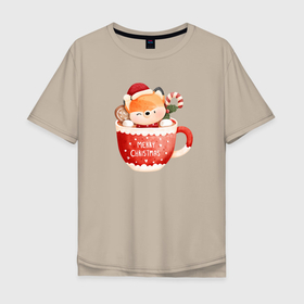 Мужская футболка хлопок Oversize с принтом Лисенок в новогодней кружке в Белгороде, 100% хлопок | свободный крой, круглый ворот, “спинка” длиннее передней части | 