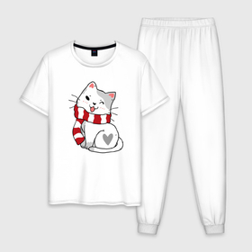 Мужская пижама хлопок с принтом Белый новогодний котик в Екатеринбурге, 100% хлопок | брюки и футболка прямого кроя, без карманов, на брюках мягкая резинка на поясе и по низу штанин
 | 