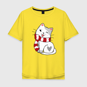 Мужская футболка хлопок Oversize с принтом Белый новогодний котик в Екатеринбурге, 100% хлопок | свободный крой, круглый ворот, “спинка” длиннее передней части | 