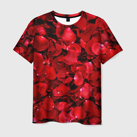 Мужская футболка 3D с принтом Лепестки алых роз в Кировске, 100% полиэфир | прямой крой, круглый вырез горловины, длина до линии бедер | Тематика изображения на принте: 