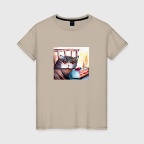 Женская футболка хлопок с принтом День рождения кота в Курске, 100% хлопок | прямой крой, круглый вырез горловины, длина до линии бедер, слегка спущенное плечо | 