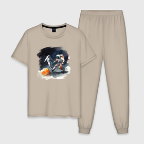 Мужская пижама хлопок с принтом Космические футболисты в Курске, 100% хлопок | брюки и футболка прямого кроя, без карманов, на брюках мягкая резинка на поясе и по низу штанин
 | 