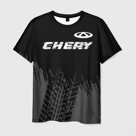 Мужская футболка 3D с принтом Chery speed на темном фоне со следами шин: символ сверху в Курске, 100% полиэфир | прямой крой, круглый вырез горловины, длина до линии бедер | 